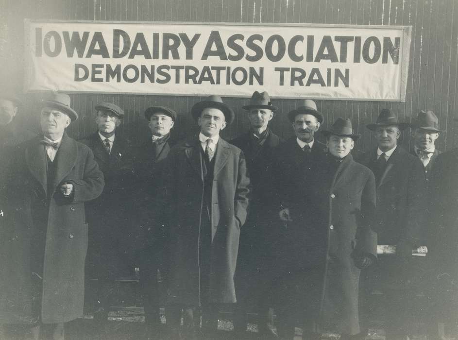 historic, trenchcoat, location needed, Grout Museum of History and Science, trench coat, man, hat, tie, banner, history, Photos, ia, Portraits - Group, Iowa