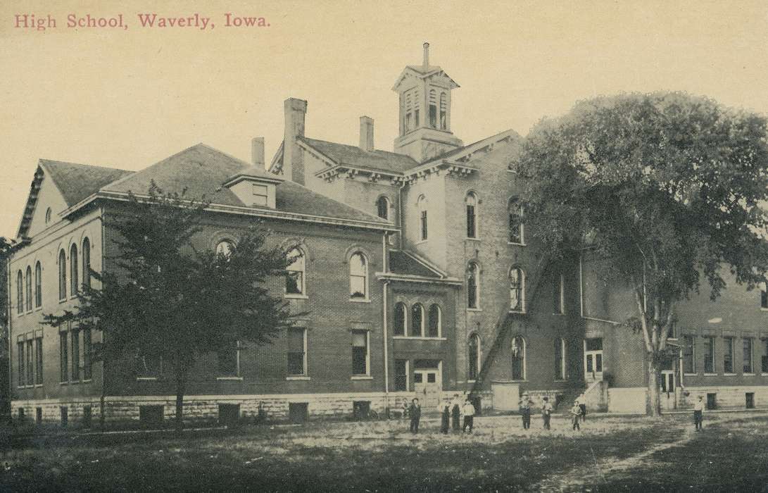 Meyer, Sarah, Schools and Education, brick building, high school, Iowa, Children, correct date needed, fire escape, ball, trees, Waverly, IA, Iowa History, Cities and Towns, lawn, Leisure, history of Iowa