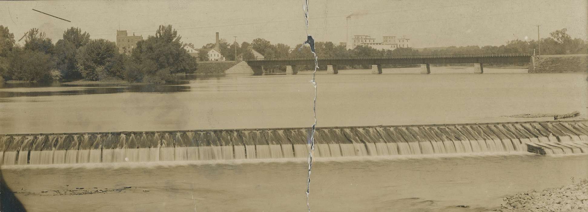 Landscapes, buildings, Businesses and Factories, trees, correct date needed, dam, Waverly Public Library, bridge, river, Waverly, IA, cedar river, Lakes, Rivers, and Streams, Iowa History, Iowa, landscape, history of Iowa, smokestack