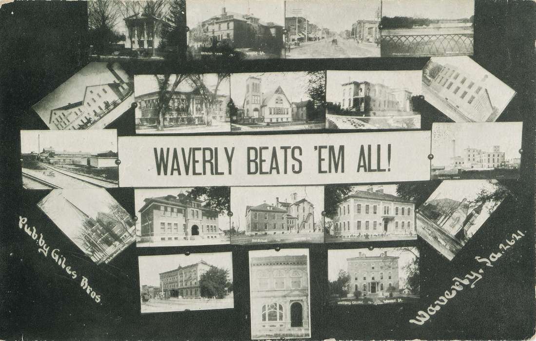 historic building, Waverly, IA, collage, Cities and Towns, Iowa, postcard, history of Iowa, Waverly Public Library, Iowa History