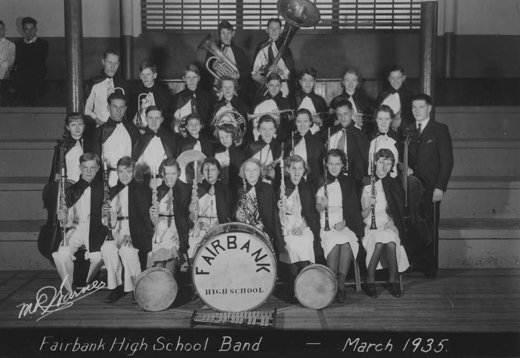 tuba, Iowa History, history of Iowa, Portraits - Group, dress clothes, Schools and Education, band, IA, King, Tom and Kay, bass drum, Iowa