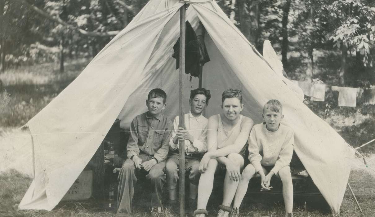 camping, dolliver, boy scouts, Lehigh, IA, Iowa, Children, Iowa History, tent, park, McMurray, Doug, Portraits - Group, state park, history of Iowa