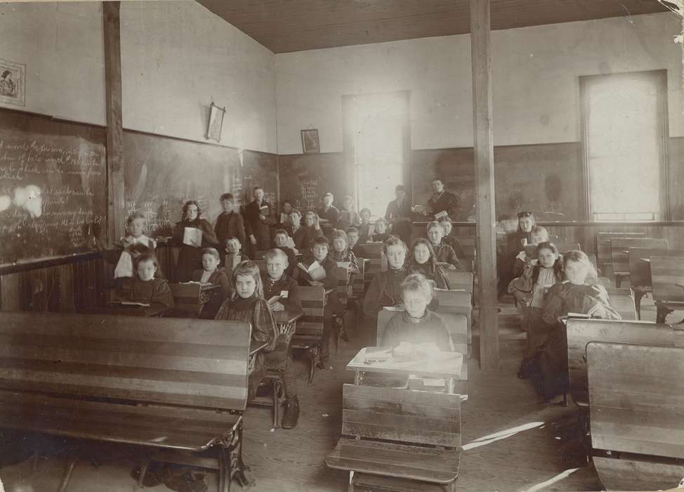 school, teacher, Waverly, IA, Children, chalkboard, children, one room schoolhouse, Portraits - Group, Schools and Education, one room school-house, Iowa History, history of Iowa, Waverly Public Library, correct date needed, Labor and Occupations, Iowa