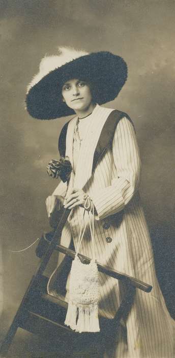 feather, ring, Meyer, Mary, purse, dress, necklace, feather hat, bow, wooden chair, Portraits - Individual, woman, hat
