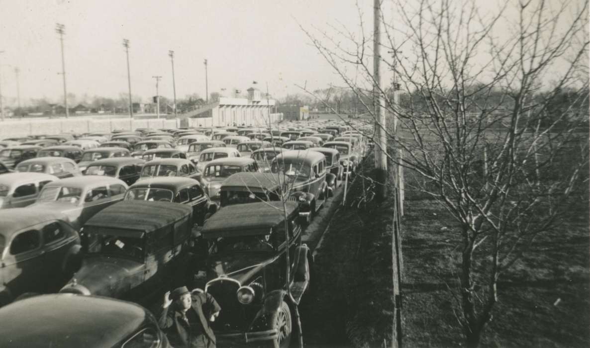 Fort Dodge, IA, parking lot, Iowa History, car, Satre, Margaret, stadium, Iowa, history of Iowa, Motorized Vehicles