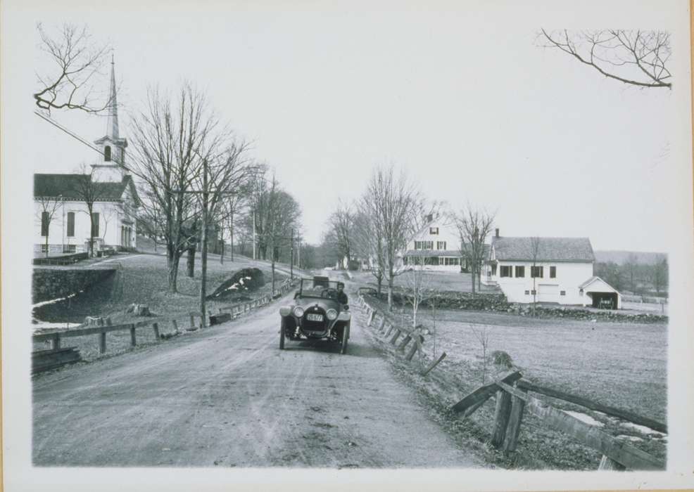 fence, church, car, dirt road, Mansfield, CT, Iowa History, Archives & Special Collections, University of Connecticut Library, Iowa, history of Iowa