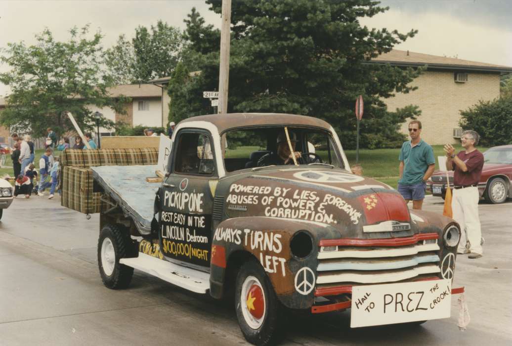 peace sign, fourth of july, Civic Engagement, Johnson County Historical Society, Motorized Vehicles, politics, Fairs and Festivals, Holidays, brassieres, parade, pickup truck, chinese flag, futon