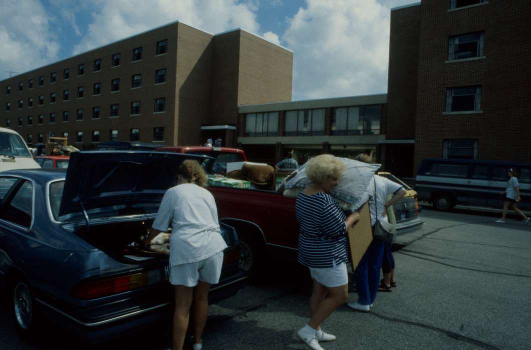 Cedar Falls, IA, dormitory, history of Iowa, uni, UNI Special Collections & University Archives, car, parking lot, university of northern iowa, Iowa, Iowa History, Families, Motorized Vehicles, Schools and Education, dorm, pillow, box