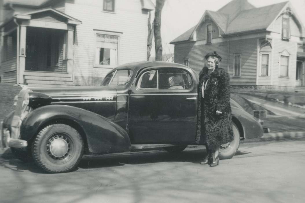 car, correct date needed, house, Waverly Public Library, fur coat, Portraits - Individual, Iowa History, Waverly, IA, Iowa, woman, history of Iowa