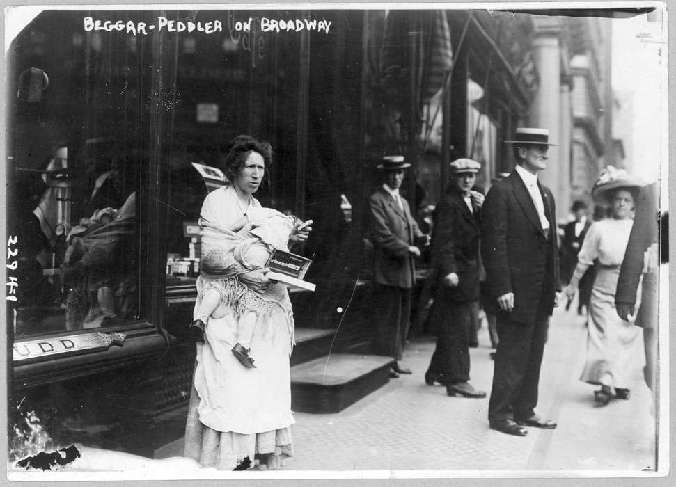Businesses and Factories, Cities and Towns, Library of Congress, Iowa, NY, Photos, woman, beggar, peddlar, boater hat, United States, ia, historic, toddler, history, New York