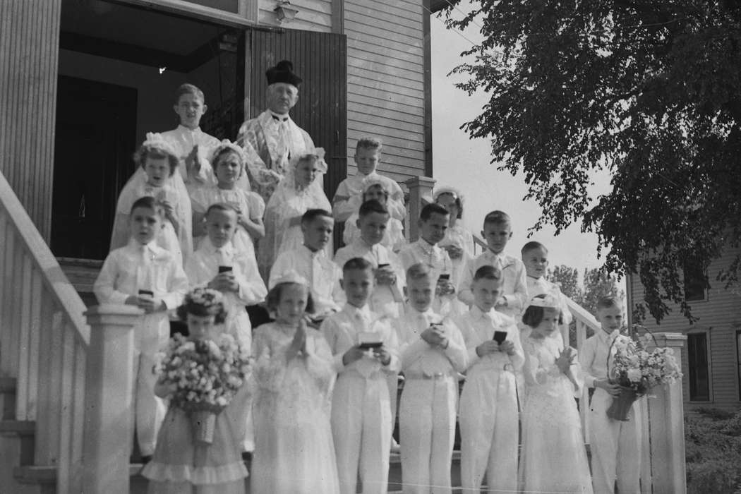 Portraits - Group, priest, history, Photos, flowers, Children, Religion, Iowa, IA, catholic church, formal attire, Religious Structures, United States, ia, Coon Rapids Enterprise, historic, children, Coon Rapids