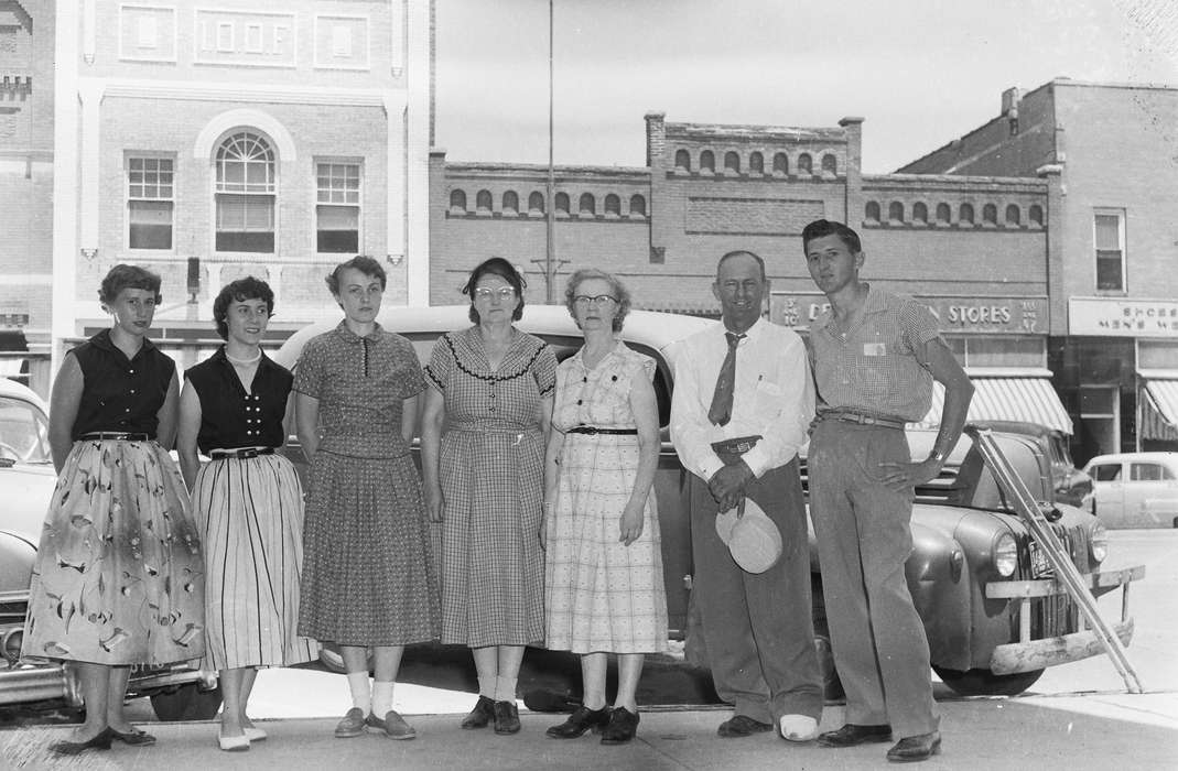 Portraits - Group, United States, history, store front, ia, Photos, crutches, women, cars, Coon Rapids Enterprise, historic, Iowa, IA, Cities and Towns, Coon Rapids, Motorized Vehicles