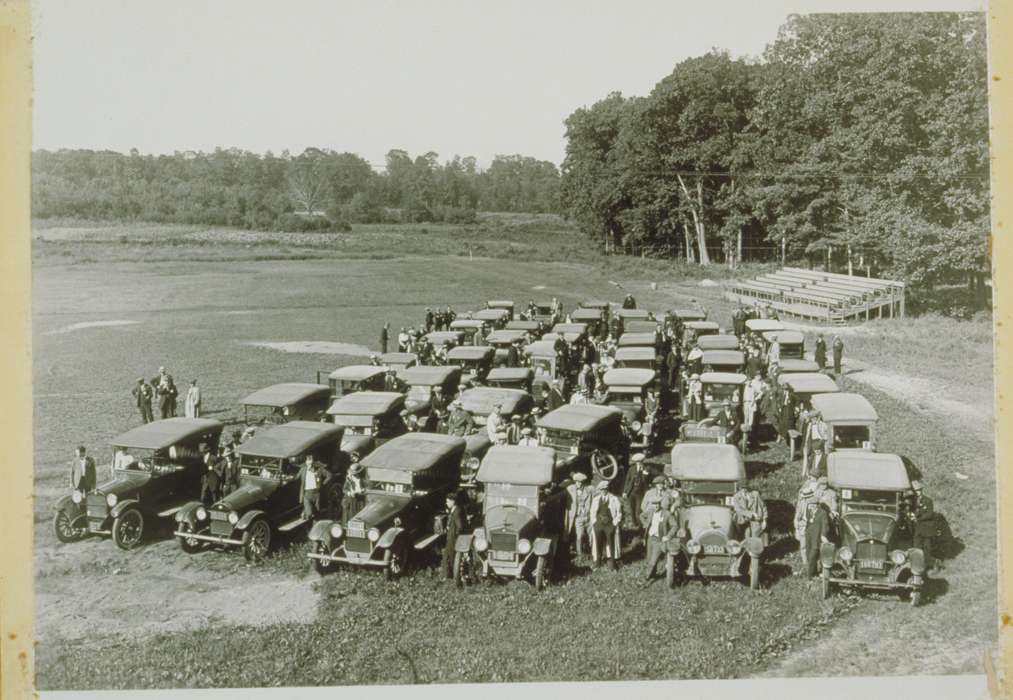 Iowa History, car, bleacher, Iowa, Archives & Special Collections, University of Connecticut Library, field, tree, Storrs, CT, history of Iowa