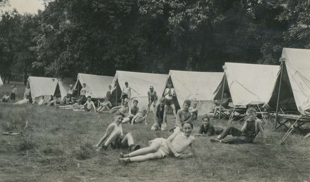history of Iowa, Iowa History, dolliver, Lehigh, IA, Portraits - Group, tents, Iowa, Children, camping, park, boy scouts, state park, McMurray, Doug