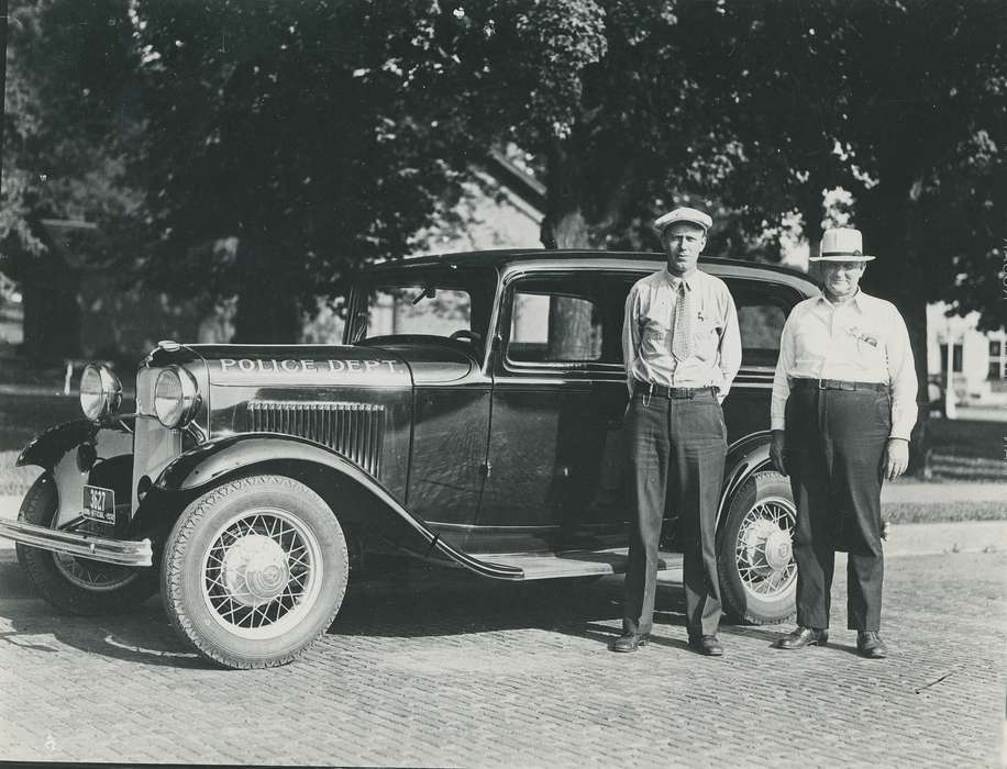 Waverly Public Library, Iowa History, car, Portraits - Group, police officer, Waverly, IA, ford, portrait, ford v-8 coach, Labor and Occupations, Iowa, history of Iowa, Motorized Vehicles