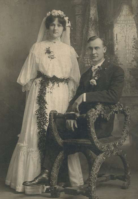 suit, dress shoes, O'Brink, Lisa, Iowa History, garland, boutonniere, wedding veil, history of Iowa, bowtie, chair, bow tie, savonarola chair, backdrop, victorian, Portraits - Group, Iowa, Weddings