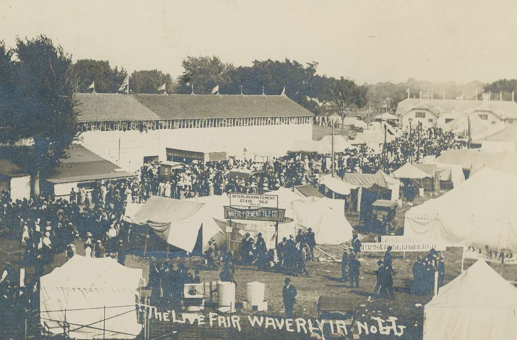 Cities and Towns, Iowa History, Meyer, Sarah, Entertainment, Aerial Shots, history of Iowa, fairgrounds, Outdoor Recreation, Leisure, Waverly, IA, Fairs and Festivals, Families, tents, fair, Iowa