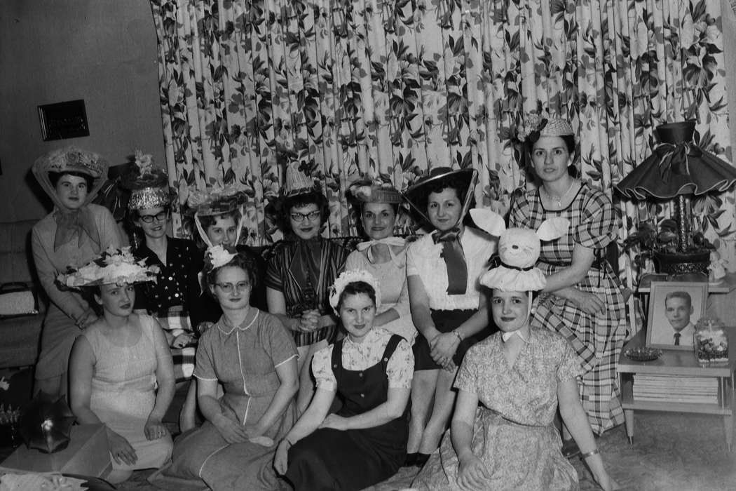 Portraits - Group, young women, history, Photos, Children, women's club, smiles, collared dresses, Iowa, IA, Civic Engagement, formal attire, United States, ia, Leisure, Coon Rapids Enterprise, funny hats, historic, Coon Rapids
