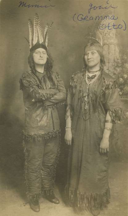 Garrison, Ginnie, stereotype of native american, costume, Iowa, Iowa History, Portraits - Group, redface, IA, history of Iowa, feathers