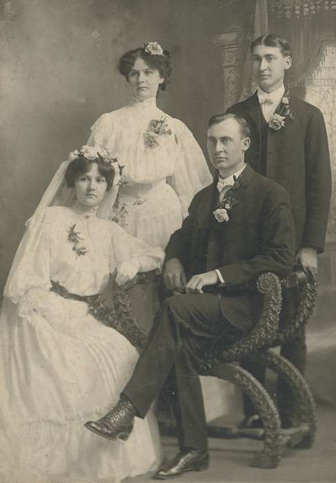 suit, dress shoes, O'Brink, Lisa, Iowa History, boutonniere, flower, wedding veil, history of Iowa, wedding dress, savonarola chair, backdrop, Portraits - Group, Iowa, Weddings