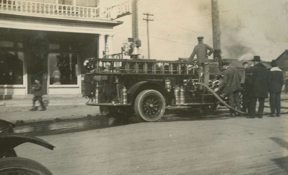 burning building, Iowa Falls, IA, Motorized Vehicles, Iowa, Iowa History, fire engine, Mortenson, Jill, Cities and Towns, firefighter, Labor and Occupations, fire truck, history of Iowa