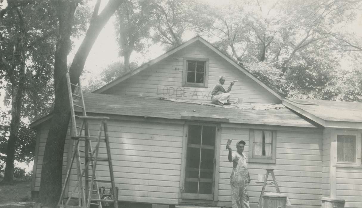 ladder, Labor and Occupations, painting, house, Clear Lake, IA, Homes, Iowa, paint, McMurray, Doug, Portraits - Group, construction, Iowa History, history of Iowa, cabin
