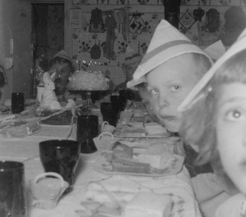 history of Iowa, Hahn, Cindy, Food and Meals, Iowa, Iowa History, Children, party hats, Holidays, birthday, rabbit, Sumner, IA, cake, candles, party, Homes