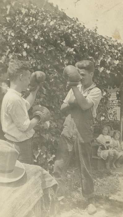 boxing gloves, fedora, O'Brink, Lisa, Iowa History, overalls, Children, kids, boxing, boys, Families, history of Iowa, playing, Iowa