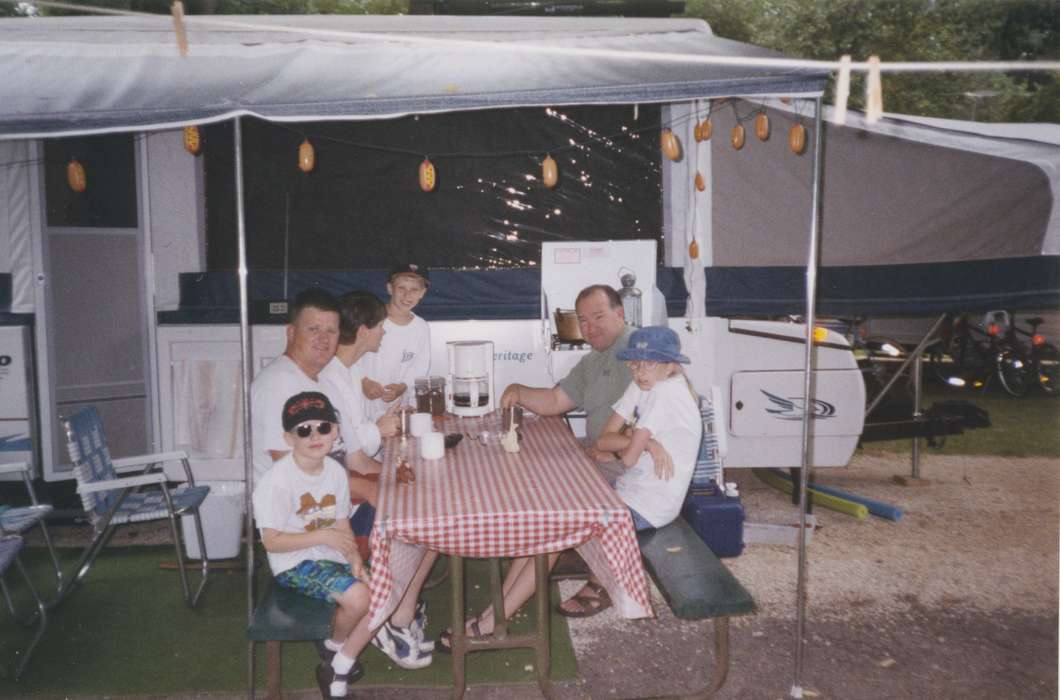 camping, picnic, coffee, Motorized Vehicles, gingham, Children, Iowa, Families, Iowa History, Portraits - Group, camper, breakfast, Courtney, Patricia, Food and Meals, Leisure, IA, history of Iowa