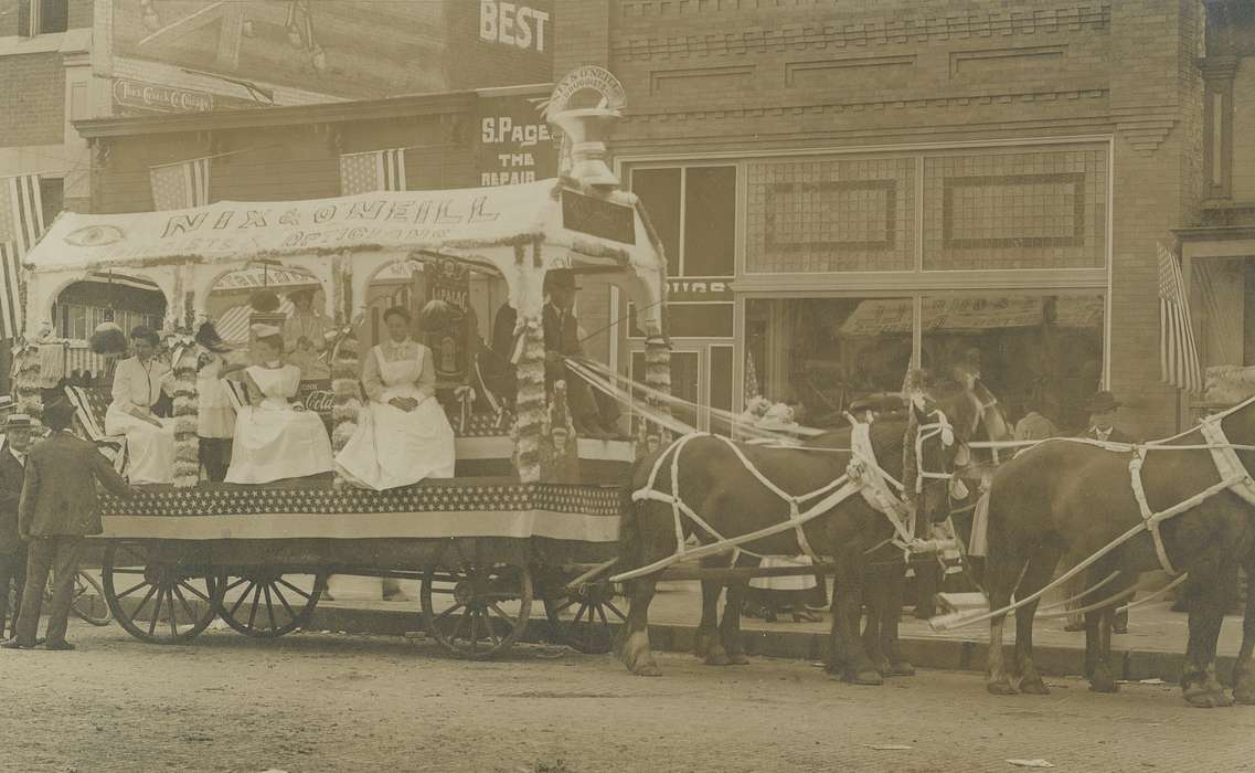 horse, Meyer, Sarah, history of Iowa, women, Cities and Towns, optician, Entertainment, parade, Waverly, IA, Labor and Occupations, Iowa, Iowa History, Animals, parade float, Main Streets & Town Squares