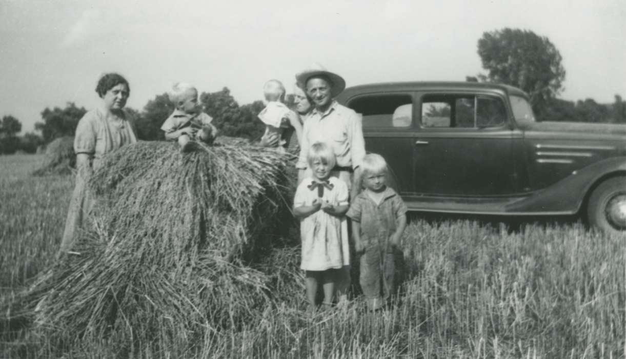 car, hay, harvest, Farms, family, Iowa History, field, Portraits - Group, Waterloo, IA, Iowa, Motorized Vehicles, history of Iowa, Marvets, Peggy, Children