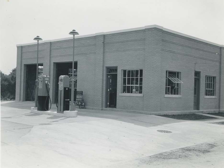 Main Streets & Town Squares, brick building, gas station, correct date needed, Iowa History, Waverly, IA, Waverly Public Library, Cities and Towns, Iowa, Businesses and Factories, history of Iowa