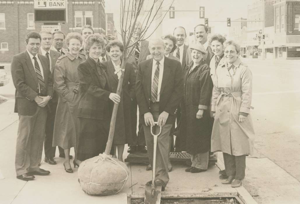 correct date needed, mustache, stoplight, Iowa History, suit, Cities and Towns, Iowa, Portraits - Group, trenchcoat, Civic Engagement, glasses, history of Iowa, smile, Main Streets & Town Squares, tree, Waverly Public Library, Waverly, IA, coat, shovel, tie