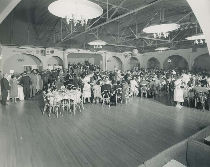 Leisure, Photos, historic, party, wooden chair, Food and Meals, Grout Museum of History and Science, United States, Businesses and Factories, Iowa, band, Black Hawk, tablecloth, cattle congress, national cattle congress, ia, history, waitress, table cloth, Waterloo, IA, electric park ballroom, stage, suit