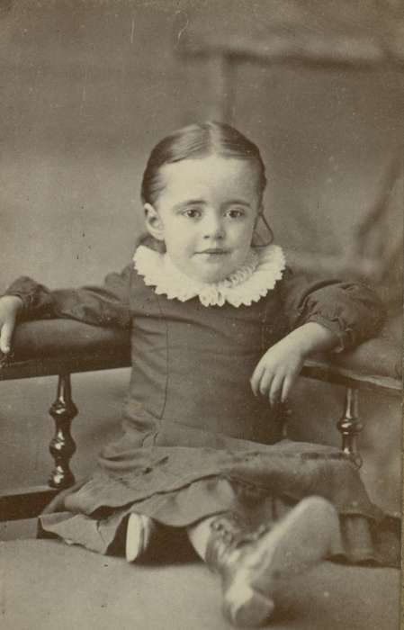 lace collar, boots, King, Tom and Kay, Portraits - Individual, Iowa History, chair, Iowa, dress, history of Iowa, IA, Children