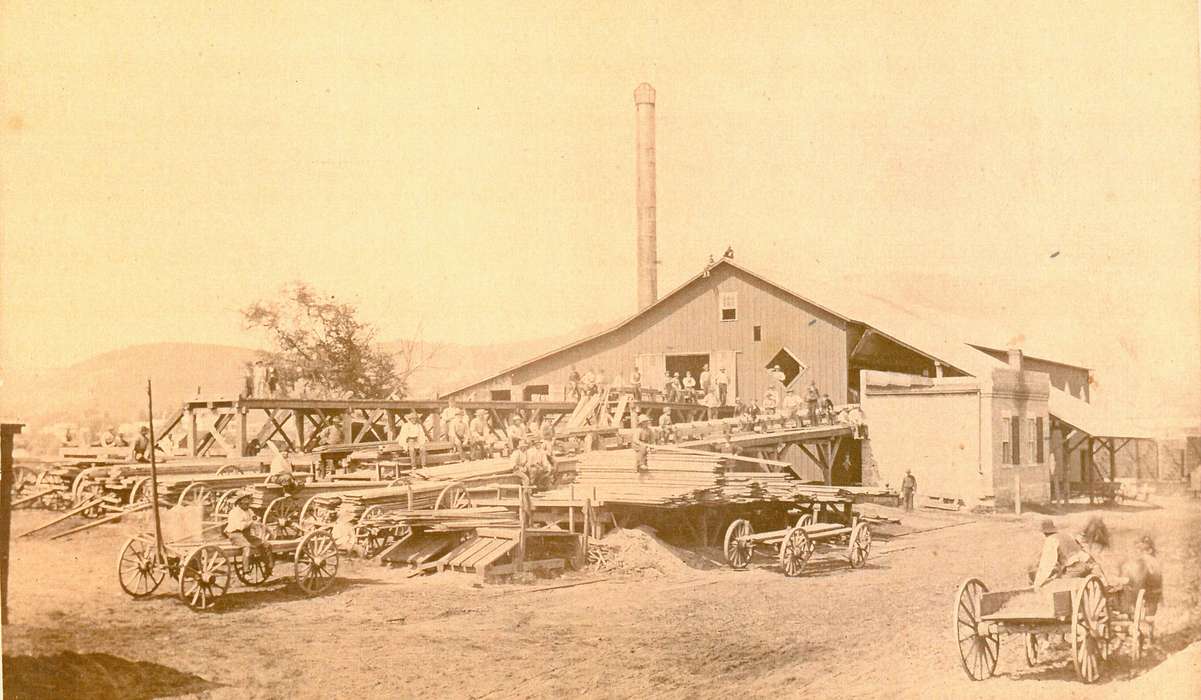 history of Iowa, lumber, Travel, Iowa, Iowa History, Duluth, MN, wagon, Portraits - Group, Businesses and Factories, Labor and Occupations, Lang, Mavis, factory