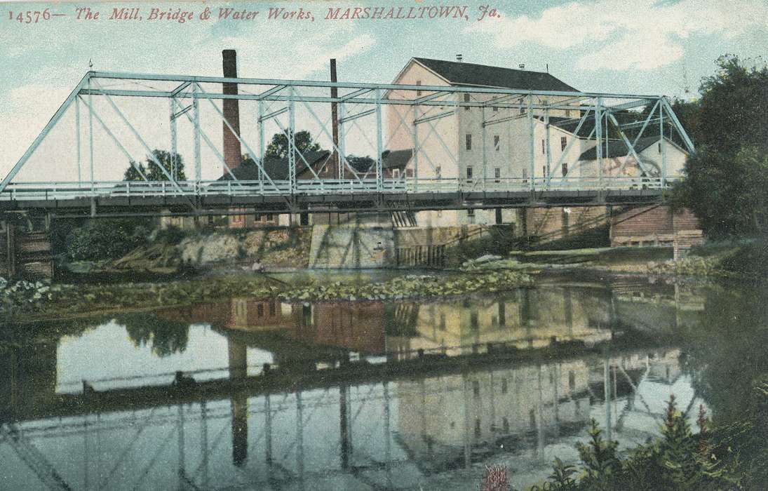 Businesses and Factories, bridge, postcard, Iowa, Iowa History, river, history of Iowa, Shaulis, Gary