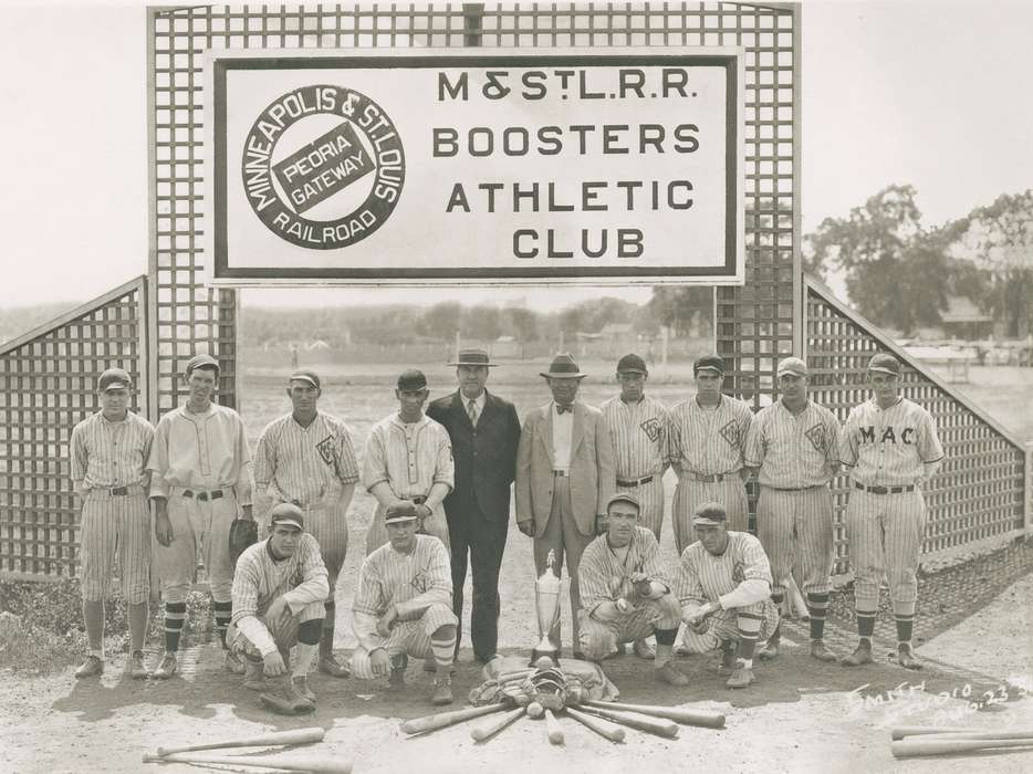uniform, Sanderson, Beverly Hall and Greg, MN, Sports, baseball, Iowa History, Travel, Portraits - Group, Iowa, history of Iowa, booster club