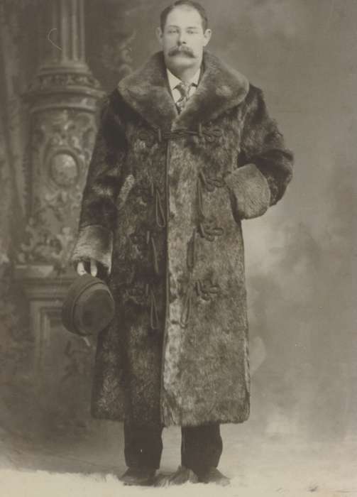 coat, mustache, hat, Portraits - Individual, Mountain, Carole, Iowa History, Iowa, Waterloo, IA, history of Iowa, fur