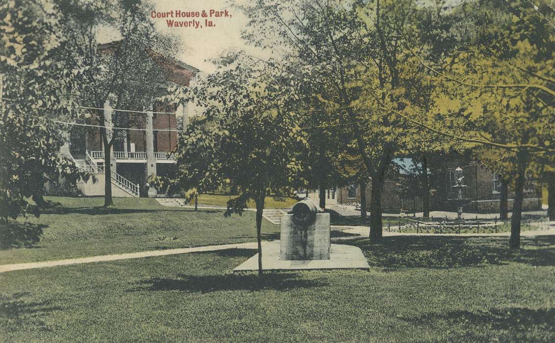 Cities and Towns, Landscapes, court house, fountain, correct date needed, cannon, Waverly Public Library, post card, park, Iowa History, Waverly, IA, Iowa, history of Iowa, Prisons and Criminal Justice