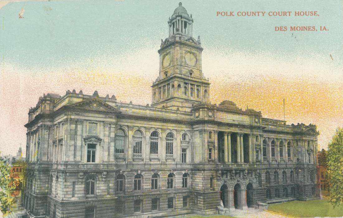 postcard, court house, Shaulis, Gary, Iowa History, history of Iowa, Iowa
