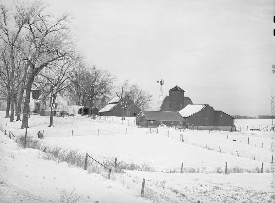 Winter, Homes, Farms, sheds, red barn, Iowa, snow, pasture, Barns, windmill, homestead, farmhouse, trees, Library of Congress, silo, barbed wire fence, Iowa History, history of Iowa, barnyard