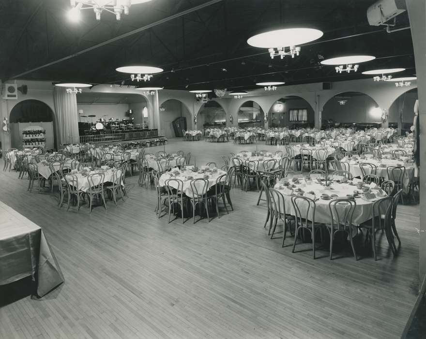 curtain, speaker, Photos, historic, wooden chair, Grout Museum of History and Science, United States, Businesses and Factories, Iowa, bandstand, centerpiece, sconce, Black Hawk, flower pot, tablecloth, cattle congress, ia, history, table cloth, IA, Waterloo, drum, electric park ballroom, stage, national cattle congress