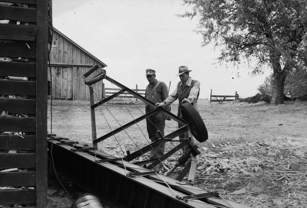 history, Holidays, Photos, Farming Equipment, Iowa, IA, two men, overalls, United States, ia, halloween, combine, Coon Rapids Enterprise, historic, fedora, barn, wooden fence, Coon Rapids, Farms