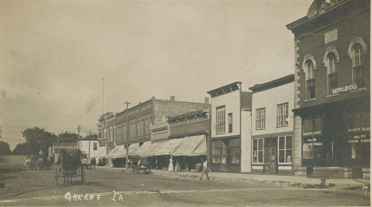 tailor, horse and buggy, Businesses and Factories, mud, Iowa, road, history of Iowa, Main Streets & Town Squares, Greene, IA, Iowa History, Palczewski, Catherine, Cities and Towns