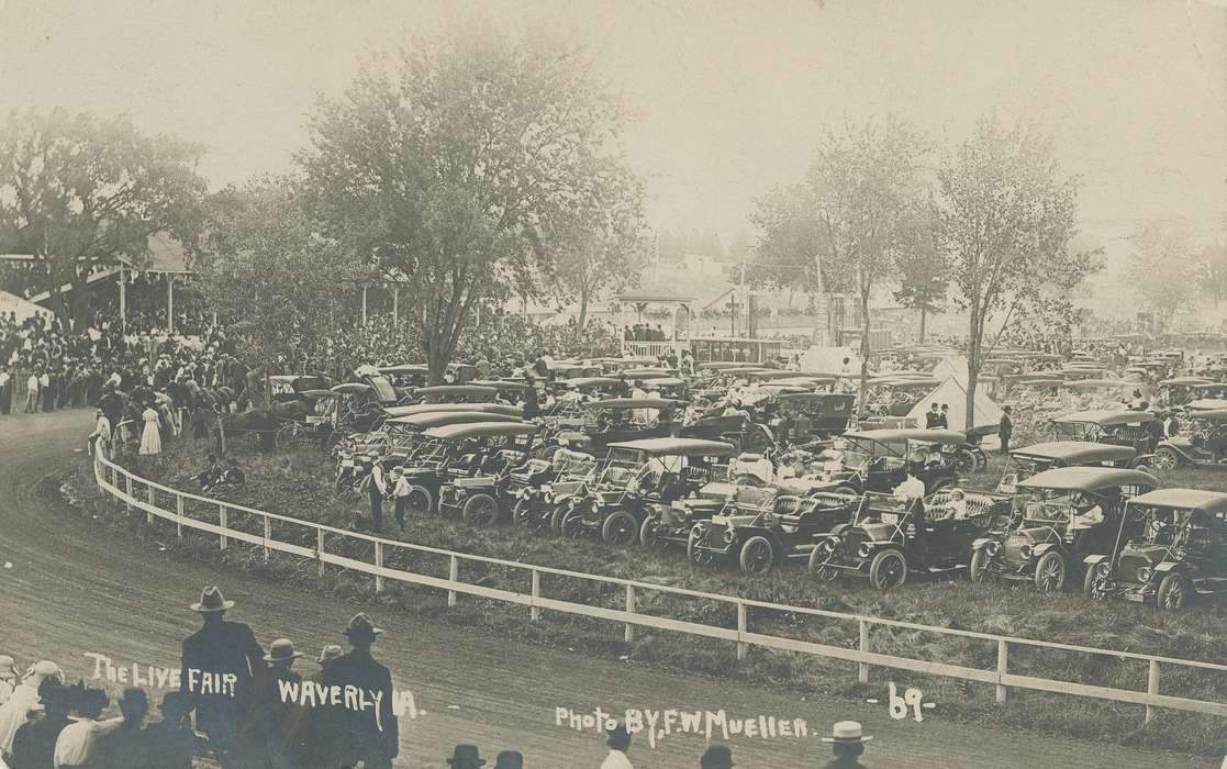 Fairs and Festivals, Waverly Public Library, Iowa History, car, fair, Waverly, IA, crowd, Iowa, history of Iowa, Motorized Vehicles