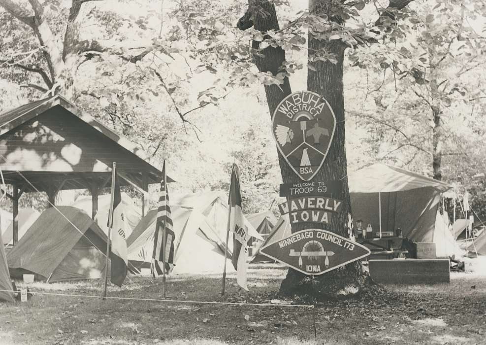 boy scouts, Outdoor Recreation, history of Iowa, Schools and Education, tent, Civic Engagement, camp, boy scout, Clarksville, IA, Iowa, Waverly Public Library, Iowa History, american flag