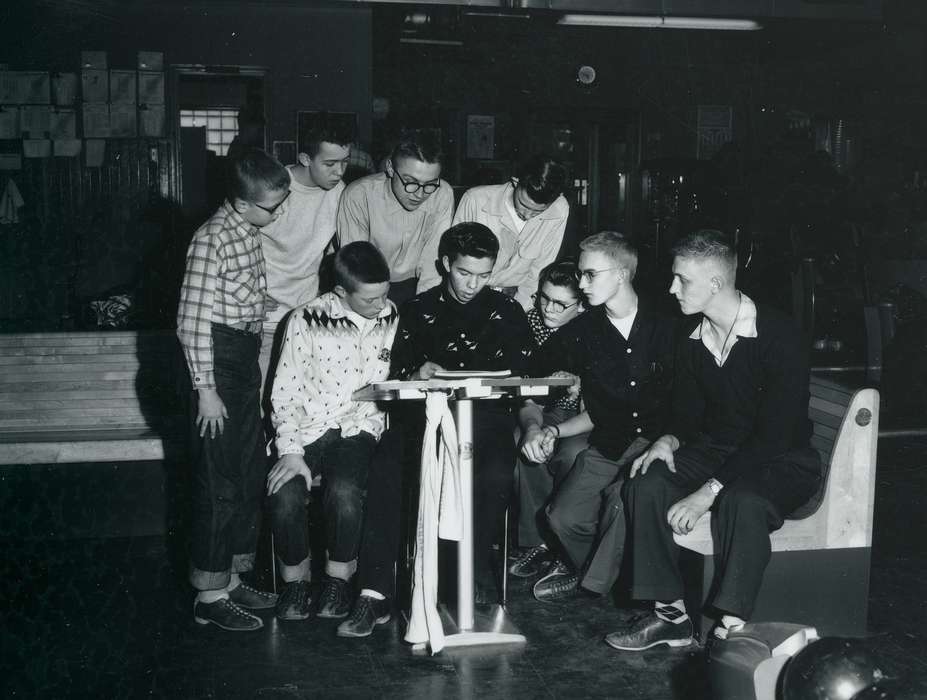 bowling alley, history of Iowa, boys, Leisure, bowling, Waverly Public Library, Iowa, Iowa History