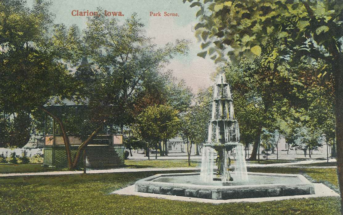 Cities and Towns, postcard, fountain, city park, Iowa History, Shaulis, Gary, Iowa, history of Iowa