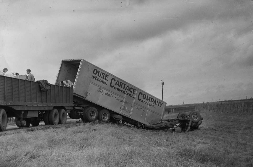 United States, history, ia, Photos, power lines, Coon Rapids Enterprise, historic, Iowa, ditch, crash, trailer, men at work, IA, Coon Rapids, Wrecks, Motorized Vehicles
